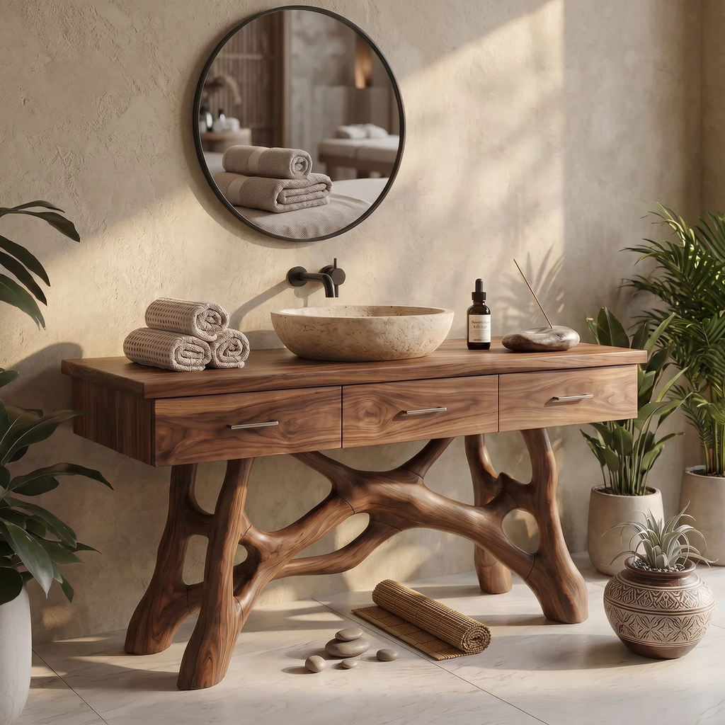 Natural Wood Sink Vanity with Drawers, Handcrafted Solid Wood Master Bathroom Storage Cabinet Console