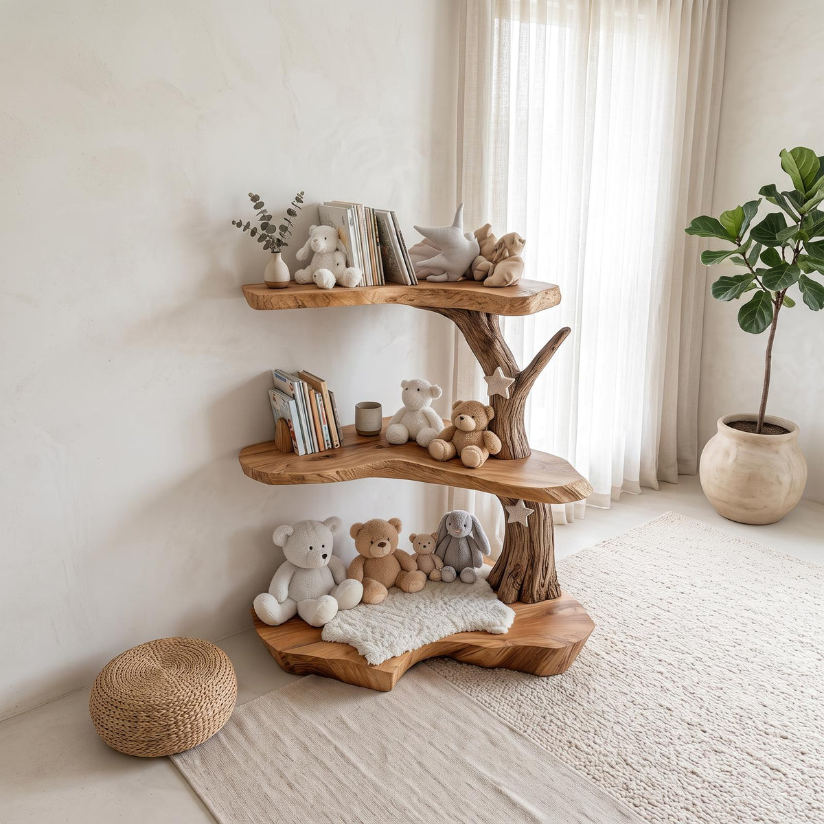 Spry Interior Rustic Corner Tree Bookshelf, Solid Wood Kids Bedroom Wall Mounted Bookcase & Floating Toy Storage Organizer Shelf - SINLSATB312