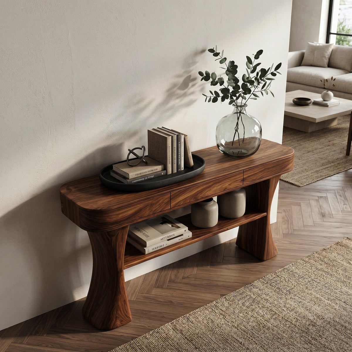 Scandinavian Sculptural Wood Console Table For Entryway