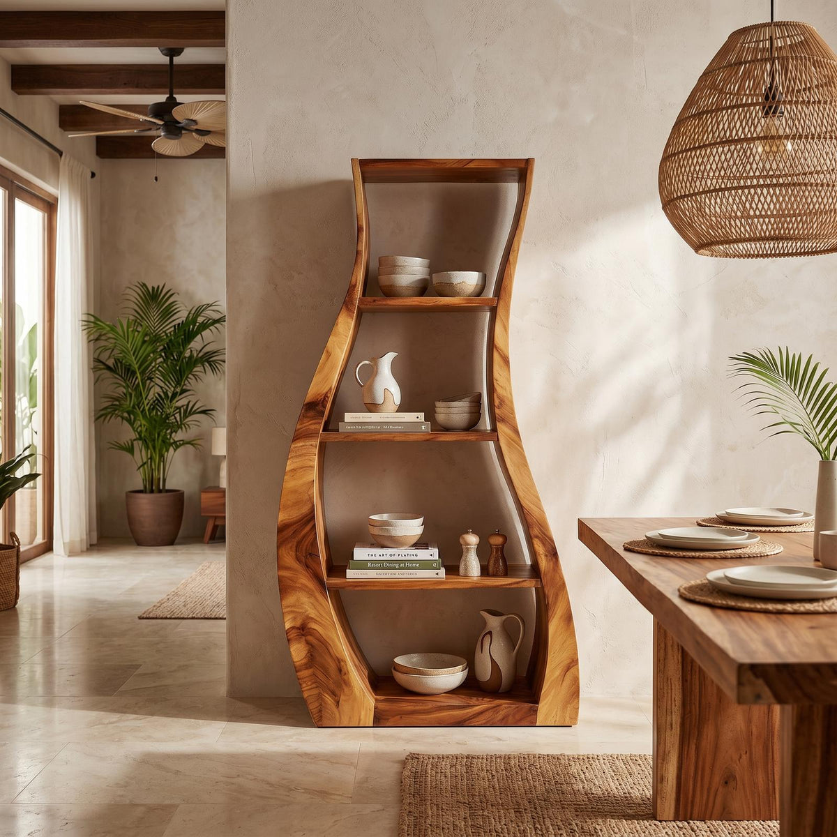 Minimalist Sculpted Wooden Accent Shelf With Flowing Silhouette