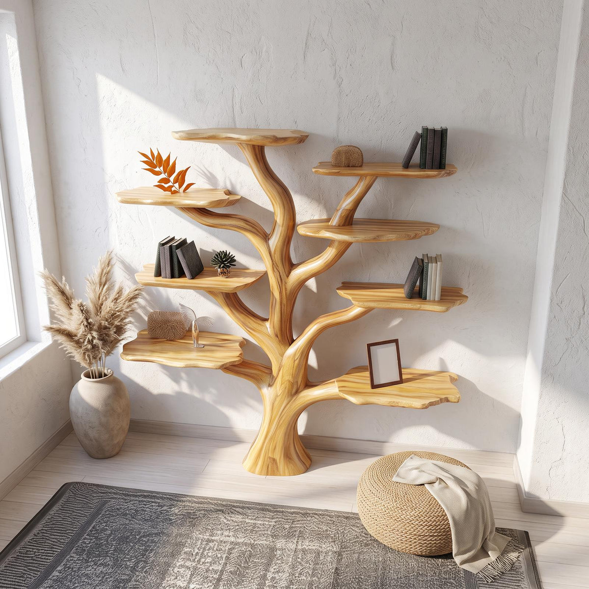 Rustic Mushroom Branch Bookshelf, Solid Wood Wall Mounted Bookcase & Floating Display Shelf for Living Room or Dining Room