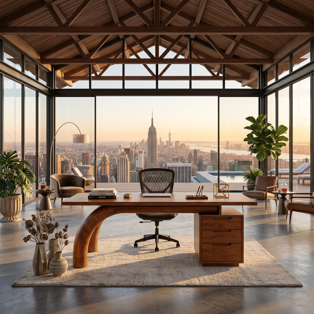 Modern Curved Solid Wood Office Desk with Open Shelf Storage, Handcrafted Laptop Computer Desk, Study Writing Table