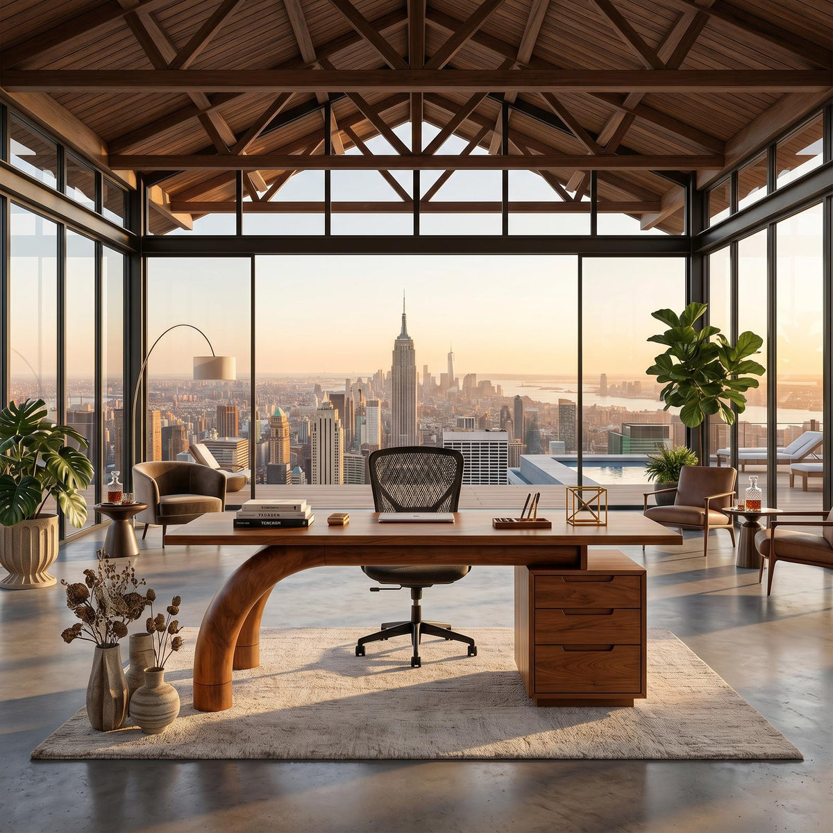 Modern Curved Solid Wood Office Desk with Open Shelf Storage, Handcrafted Laptop Computer Desk, Study Writing Table