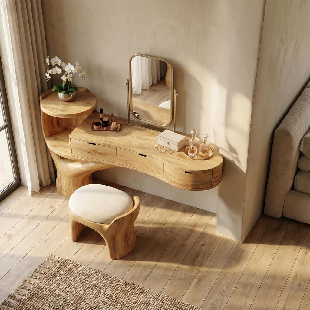 Spry Interior Organic Floating Dressing Table with Drawers, Solid Wood Tree Base Makeup Vanity Desk for Bedroom Decor, SINLSABDT069