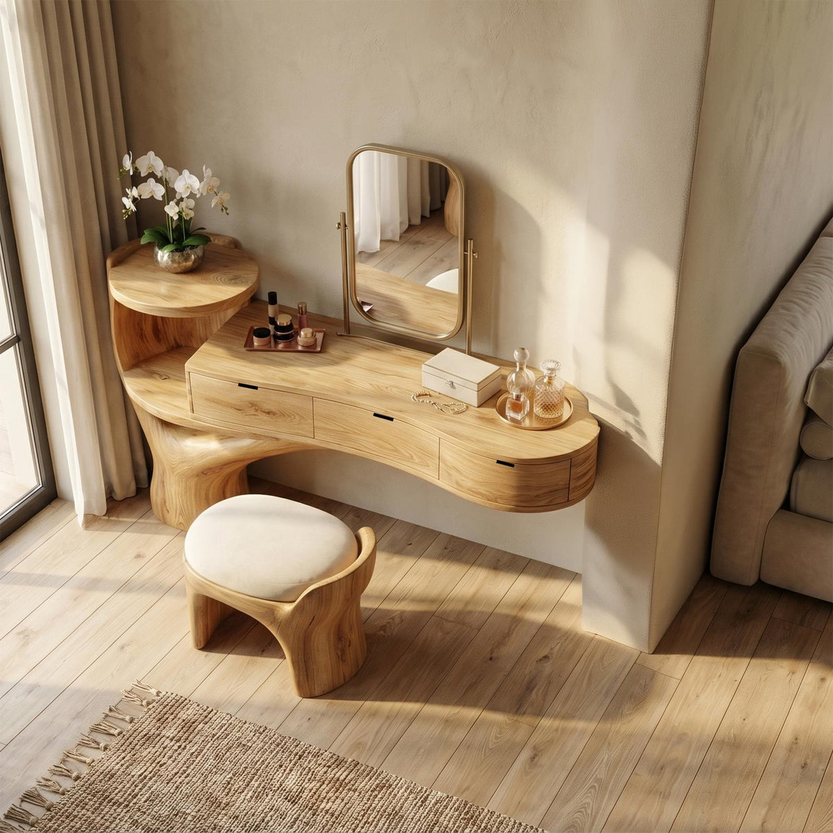 Spry Interior Organic Floating Dressing Table with Drawers, Solid Wood Tree Base Makeup Vanity Desk for Bedroom Decor, SINLSABDT069