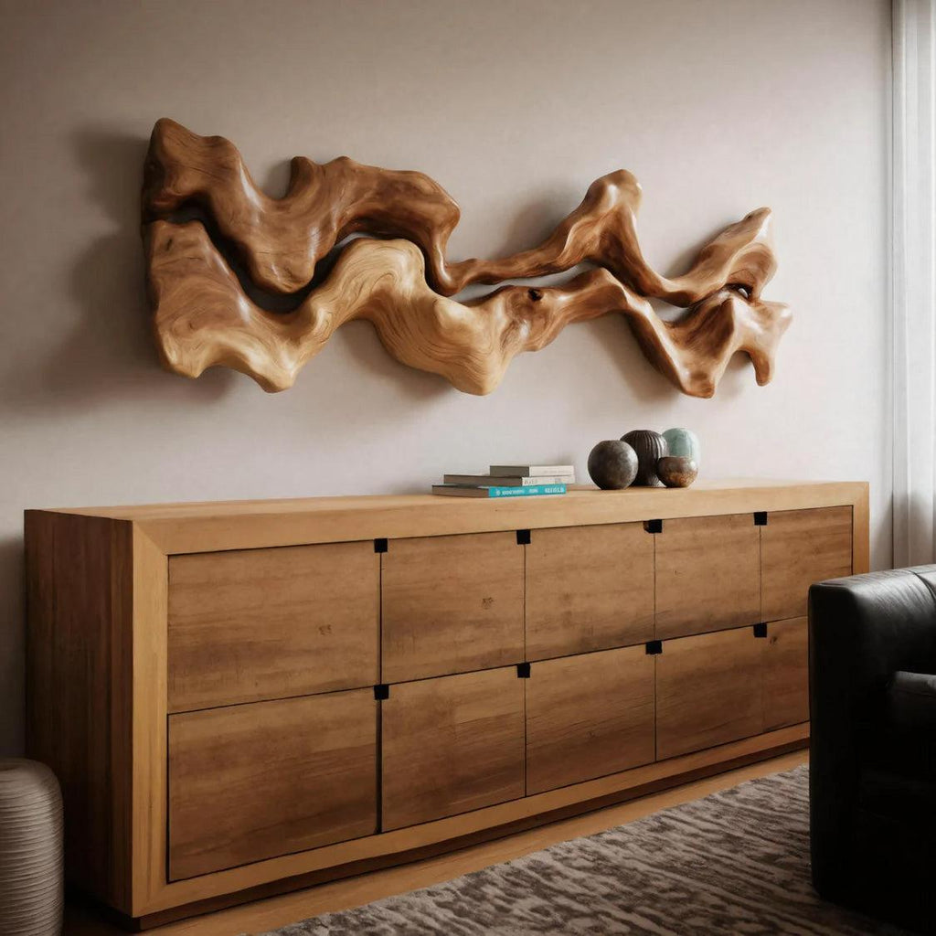 Abstract Hand-Carved Wall Art Sculpture, Modernist 3D Geometric Wooden Panel Decor for Bedroom Living Room