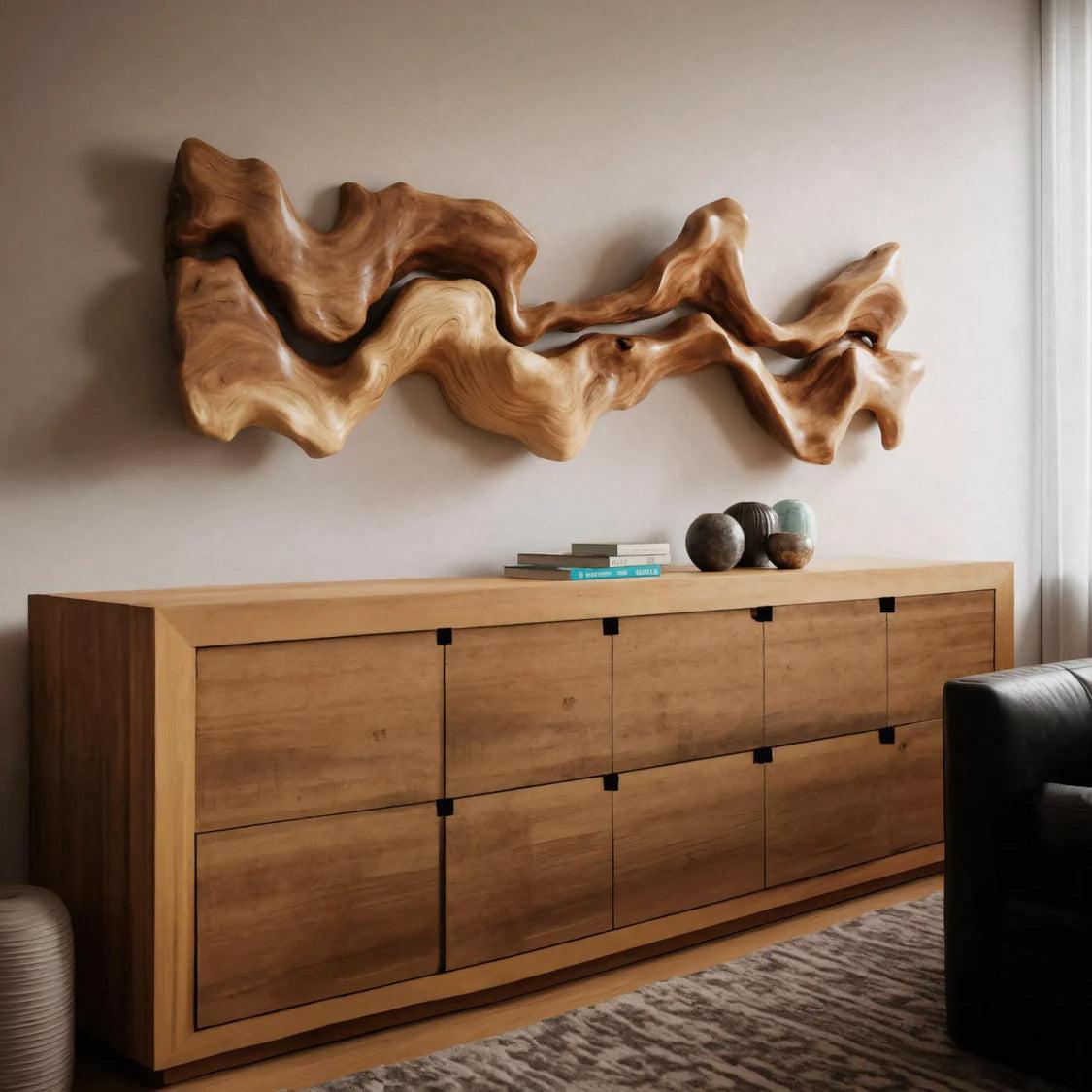 Abstract Hand-Carved Wall Art Sculpture, Modernist 3D Geometric Wooden Panel Decor for Bedroom Living Room