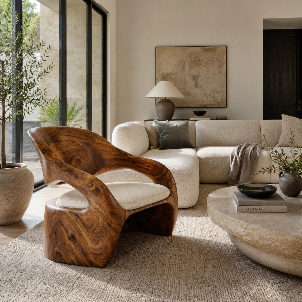 Organic Sculptural Wood Lounge Chair, Unique Accent Armchair Seating for Living Room, Bedroom or Reading Nook