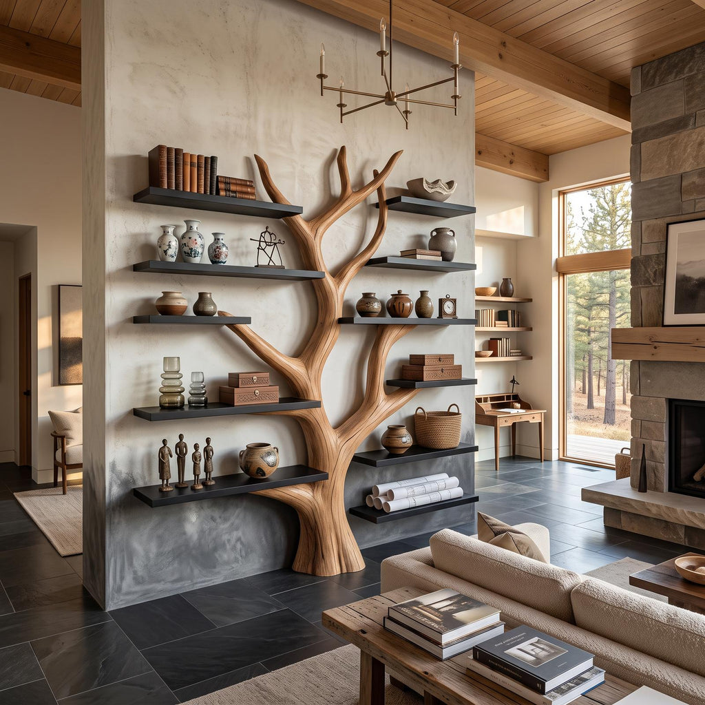 Rustic Tree Bookshelf, Solid Wood Wall Mounted Bookcase & Cozy Floating Storage Shelf for Bedroom or Living Room Decor