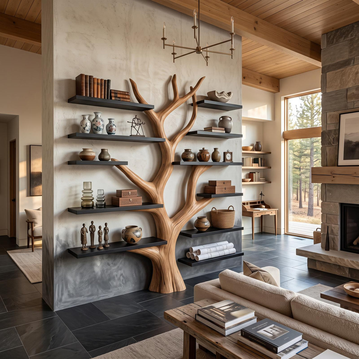 Rustic Tree Bookshelf, Solid Wood Wall Mounted Bookcase & Cozy Floating Storage Shelf for Bedroom or Living Room Decor