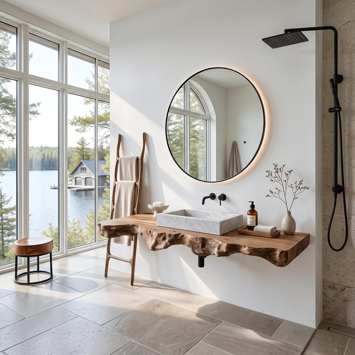 Spry Interior Live Edge Solid Wood Bathroom Vanity, Rustic Handcrafted Floating Sink Console Table with Storage Shelf, SILDTTRBAS024