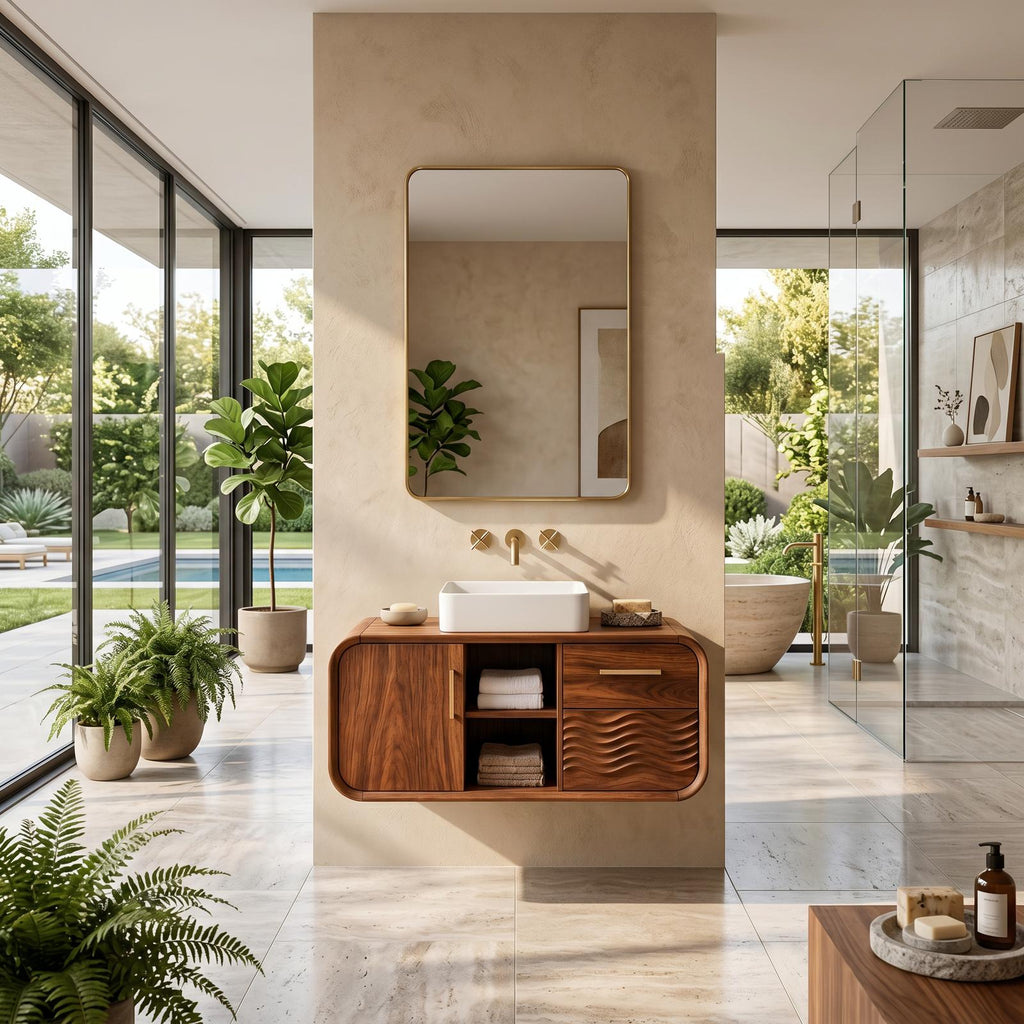 Mid Century Modern Floating Vanity, Solid Wood Wall Mounted Bathroom Vanity Console with Storage Drawers, Under Sink Cabinet, SILDTTNBRV057