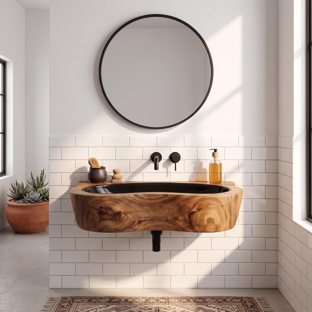 Handcrafted Live Edge Wooden Vessel Sink, Rustic Solid Wood Wash Basin for Natural Bathroom Vanity