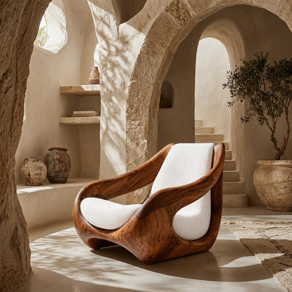 Sculptural Natural Wood Accent Chair, Artistic Handcrafted Solid Wood Lounge Armchair for Living Room