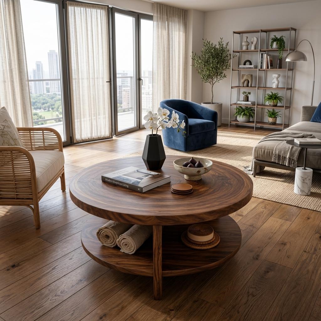 Tropical Round Wooden Coffee Table with Storage Shelf, Coastal Style Lounge Center Table, Model