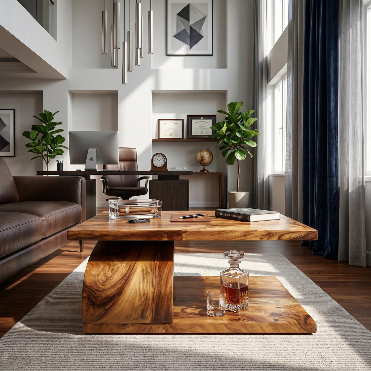 Modern Curved Base Wood Coffee Table, Solid Wood Sculptural Center Table for Apartment Living Room, Minimalist