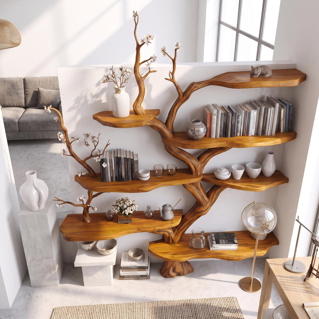 Sculptural Branch Bookcase, Solid Wood Tree Display Shelf for Living Room Interior Alcove Wall Decor