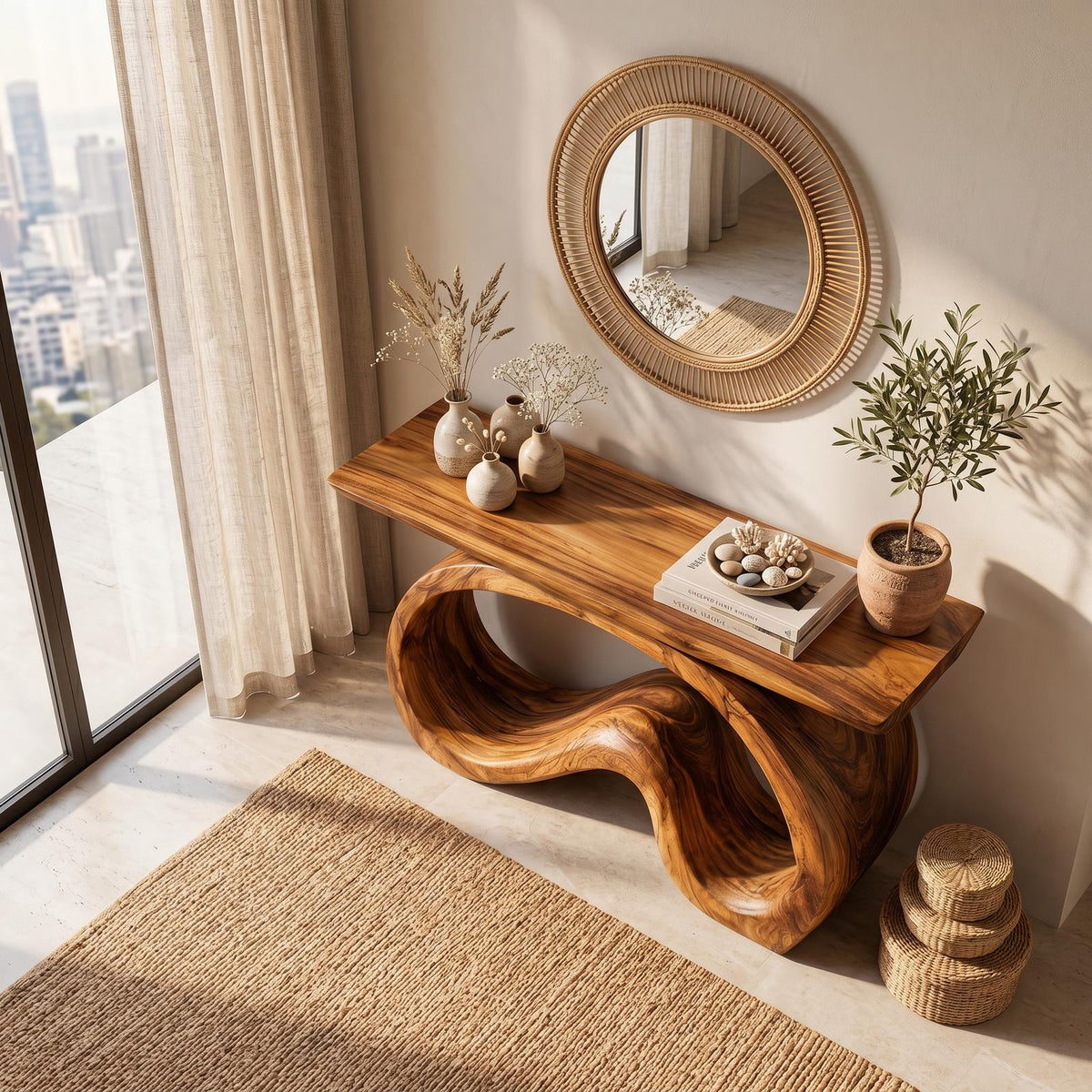 Artistic Wooden Console Table with Flowing Wood Base, Handcrafted Entryway Table for Living Room & Hallway, Model