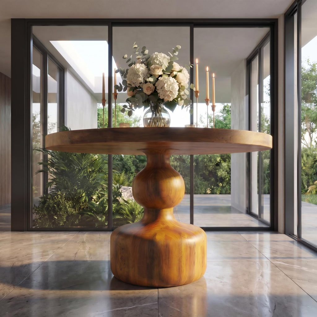 Rustic Center Hall Table, Solid Wood Round Pedestal Foyer Accent Table for Entryway, Hallway