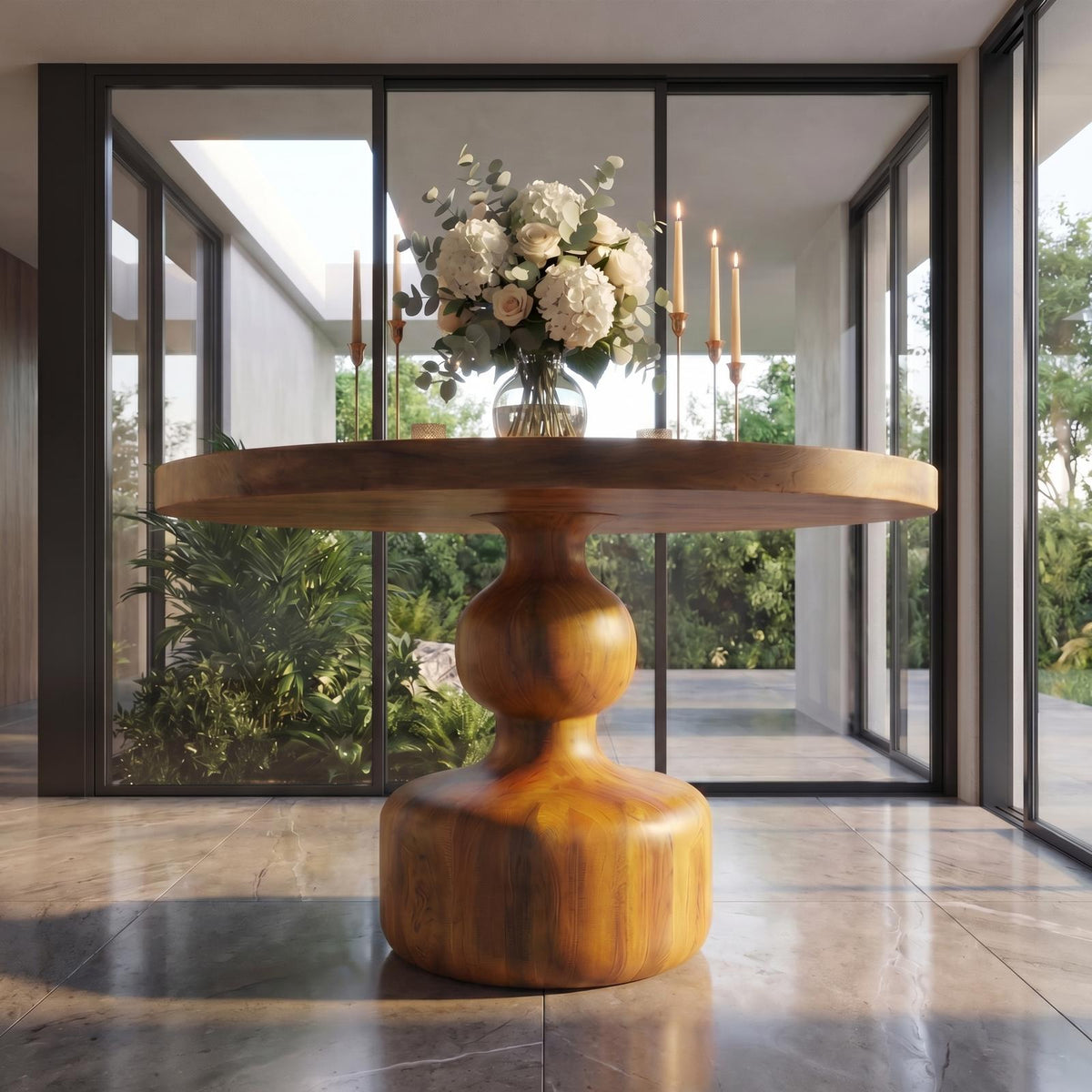 Rustic Center Hall Table, Solid Wood Round Pedestal Foyer Accent Table for Entryway, Hallway