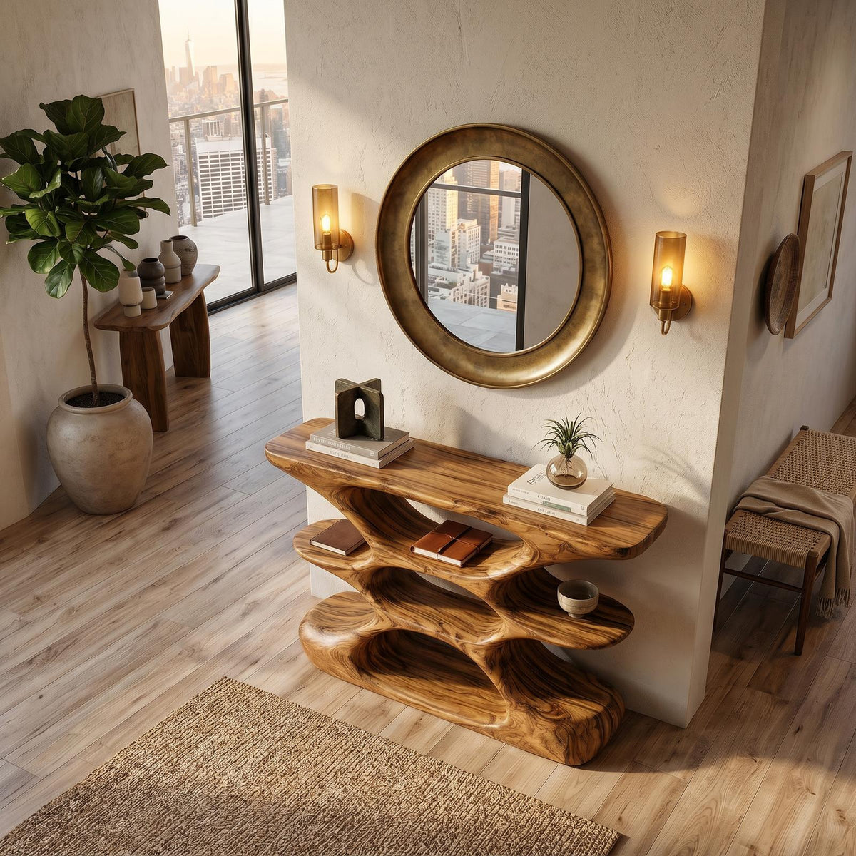 Contemporary Sculptural Wood Console Table With Cutout Shelves For Living RTTHTTCS026