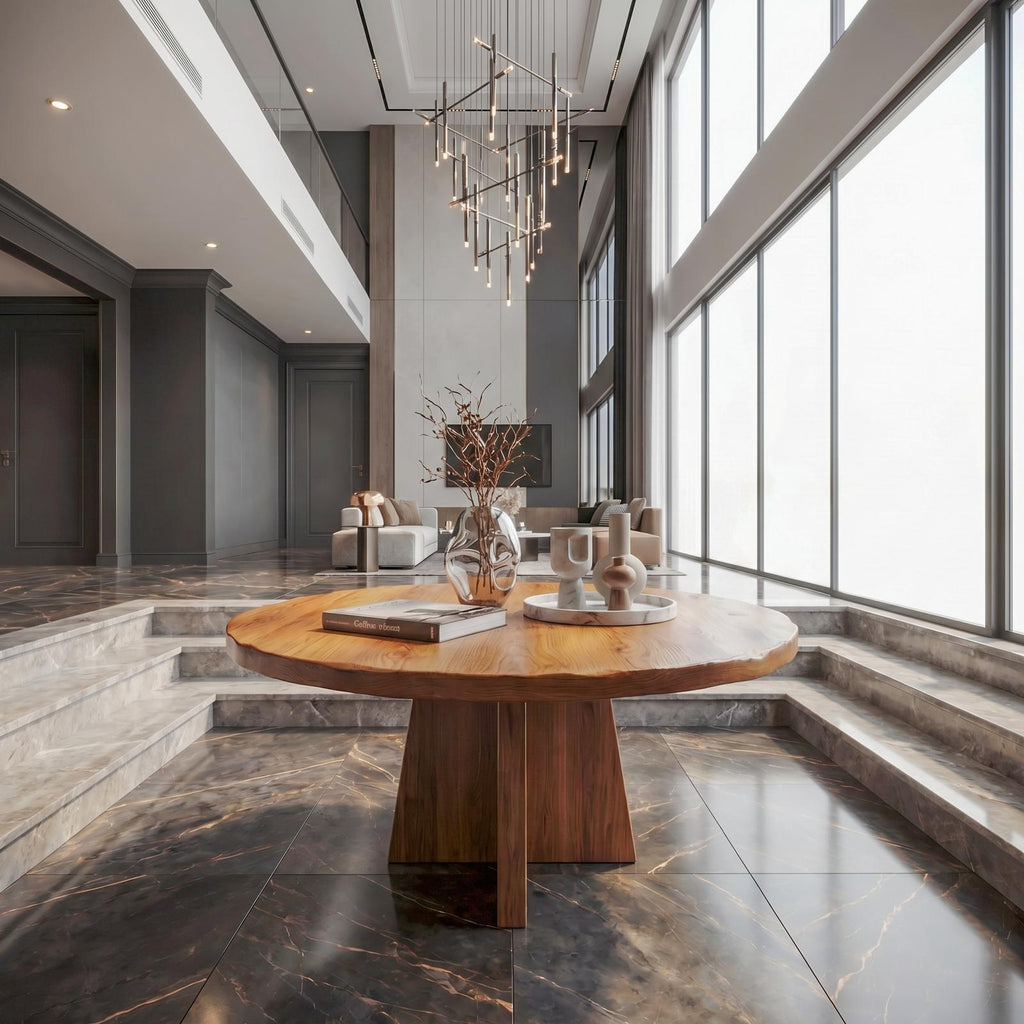 Modern Luxury Round Pedestal Table, Solid Wood Foyer Table, Architectural Entryway Accent Table for Lobby