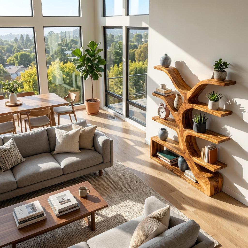 Organic Wooden Bookshelf with Branch Form, Handcrafted Solid Wood Bookcase for Living Room & Office Display