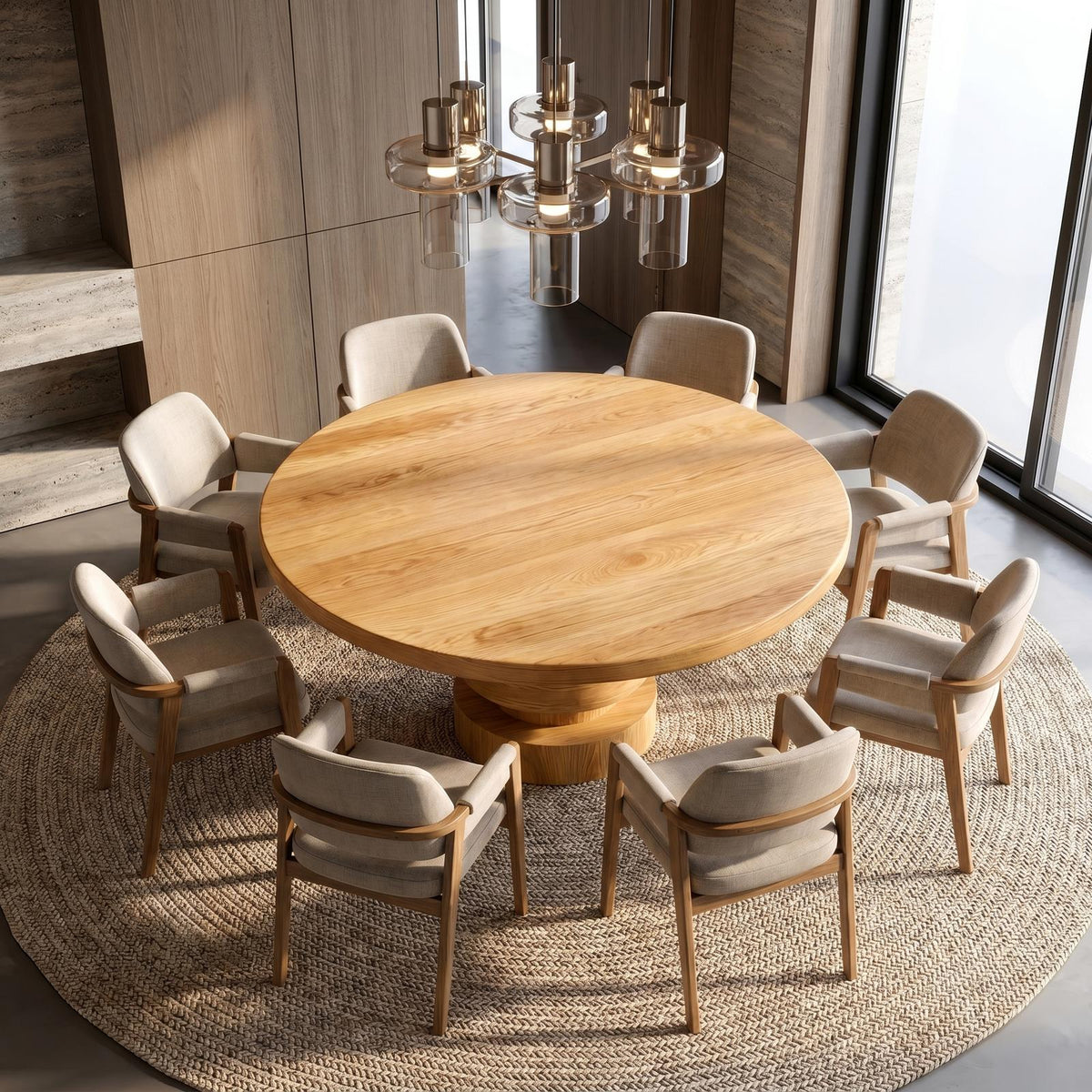 Minimalist Round Dining Table, Sculptural Solid Wood Base Kitchen Table for Modern Dining Room