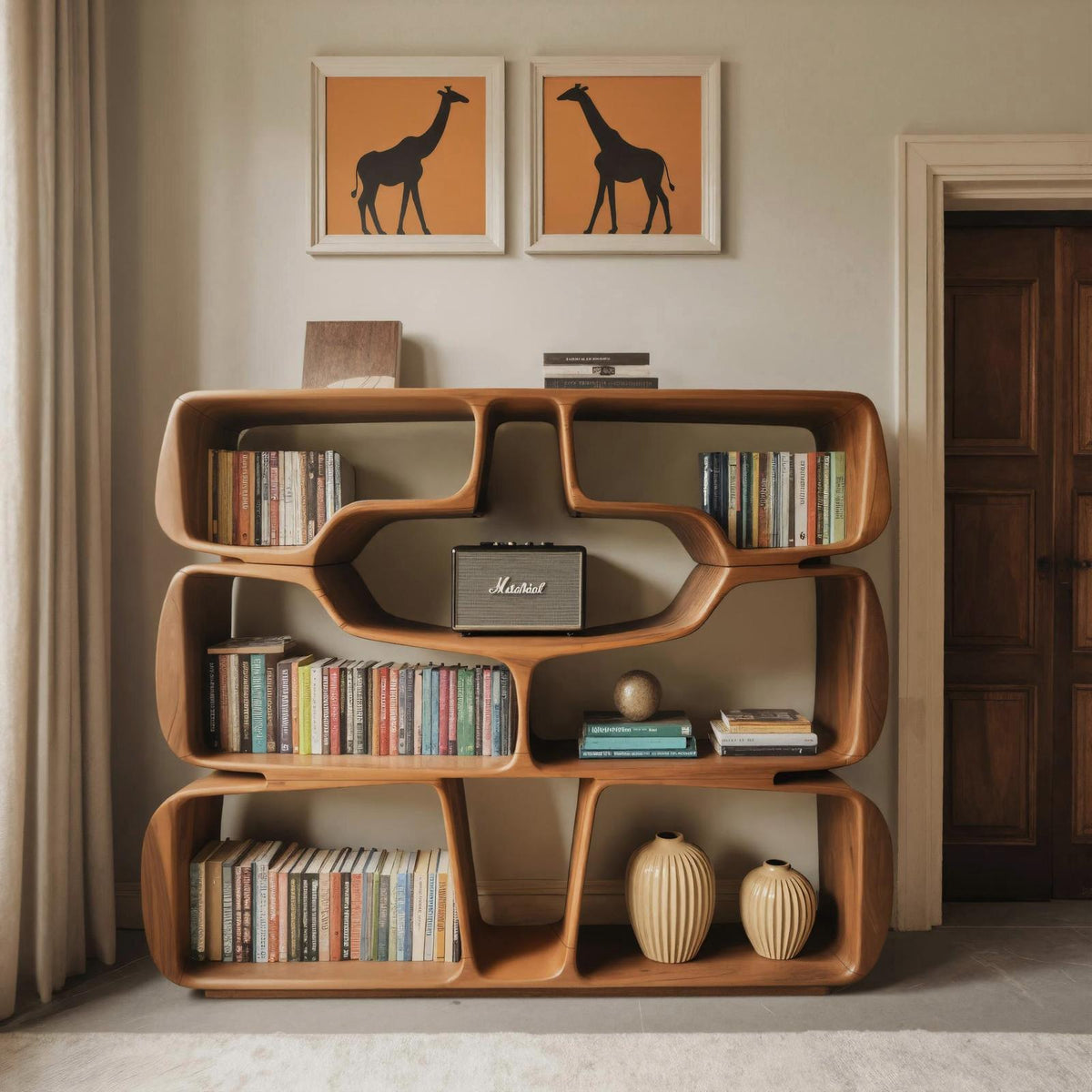 Modern Sculptural Bookshelf with Organic Curves, Handcrafted Solid Wood Standing Bookcase for Living Room & Office