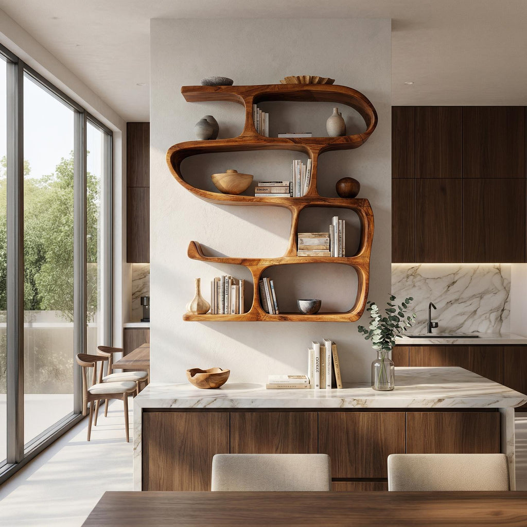 Modern Curved Bookshelf, Stylish Wooden Bookcase & Console Storage Shelf for Hallway & Entryway