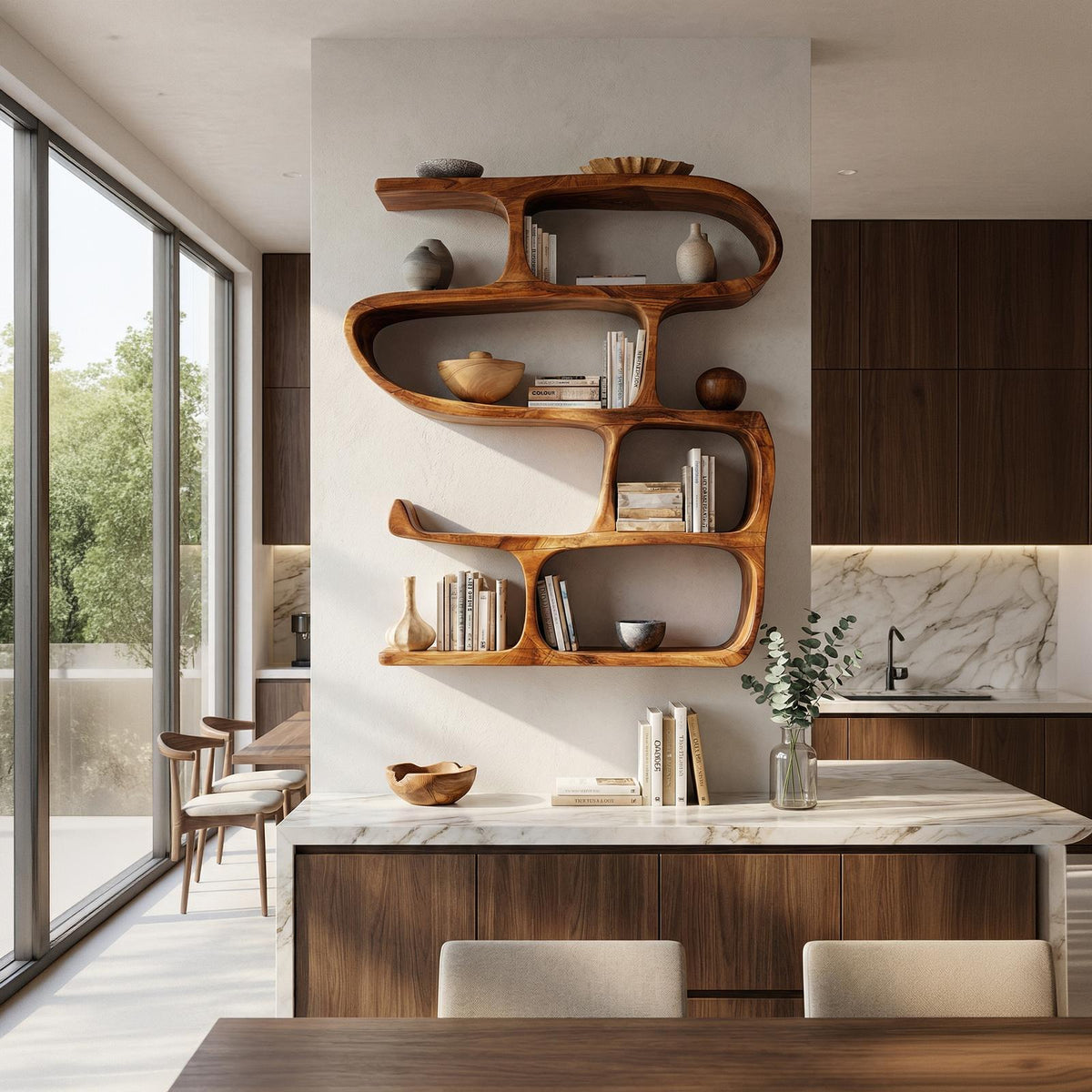 Modern Curved Bookshelf, Stylish Wooden Bookcase & Console Storage Shelf for Hallway & Entryway