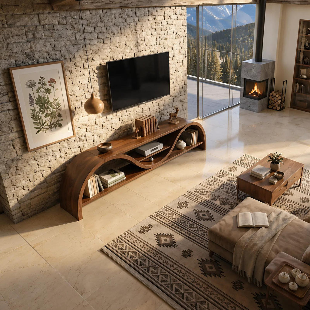 Contemporary Organic TV Stand, Handcrafted Wood Media Console Cabinet for Living Room