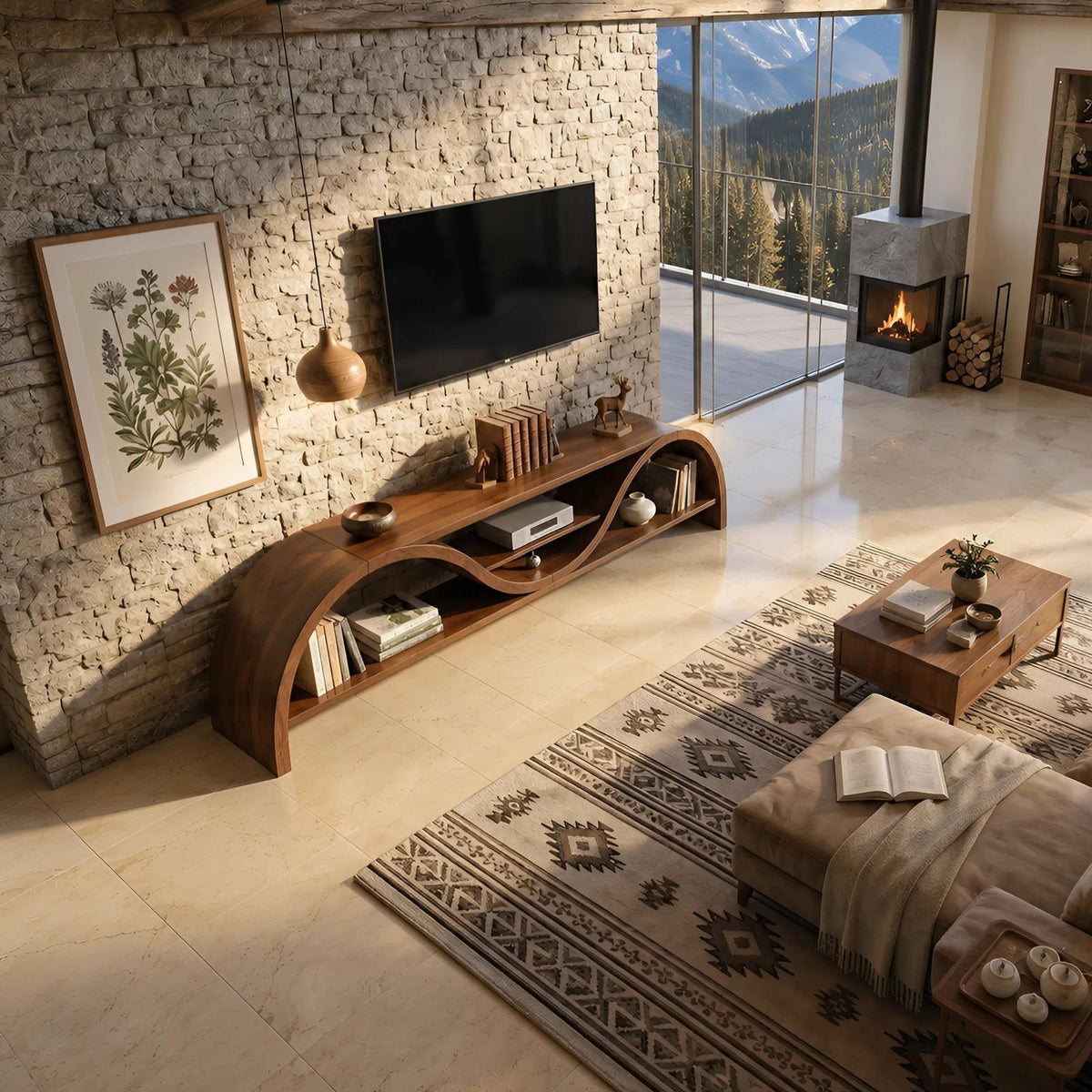 Contemporary Organic TV Stand, Handcrafted Wood Media Console Cabinet for Living Room