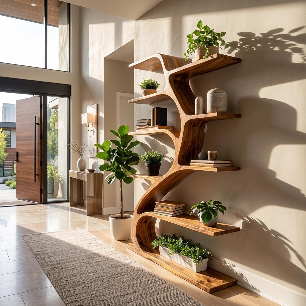 Minimal Natural Wood Bookshelf with Branch Design, Handcrafted Solid Wood Bookcase for Modern Living Room & Office