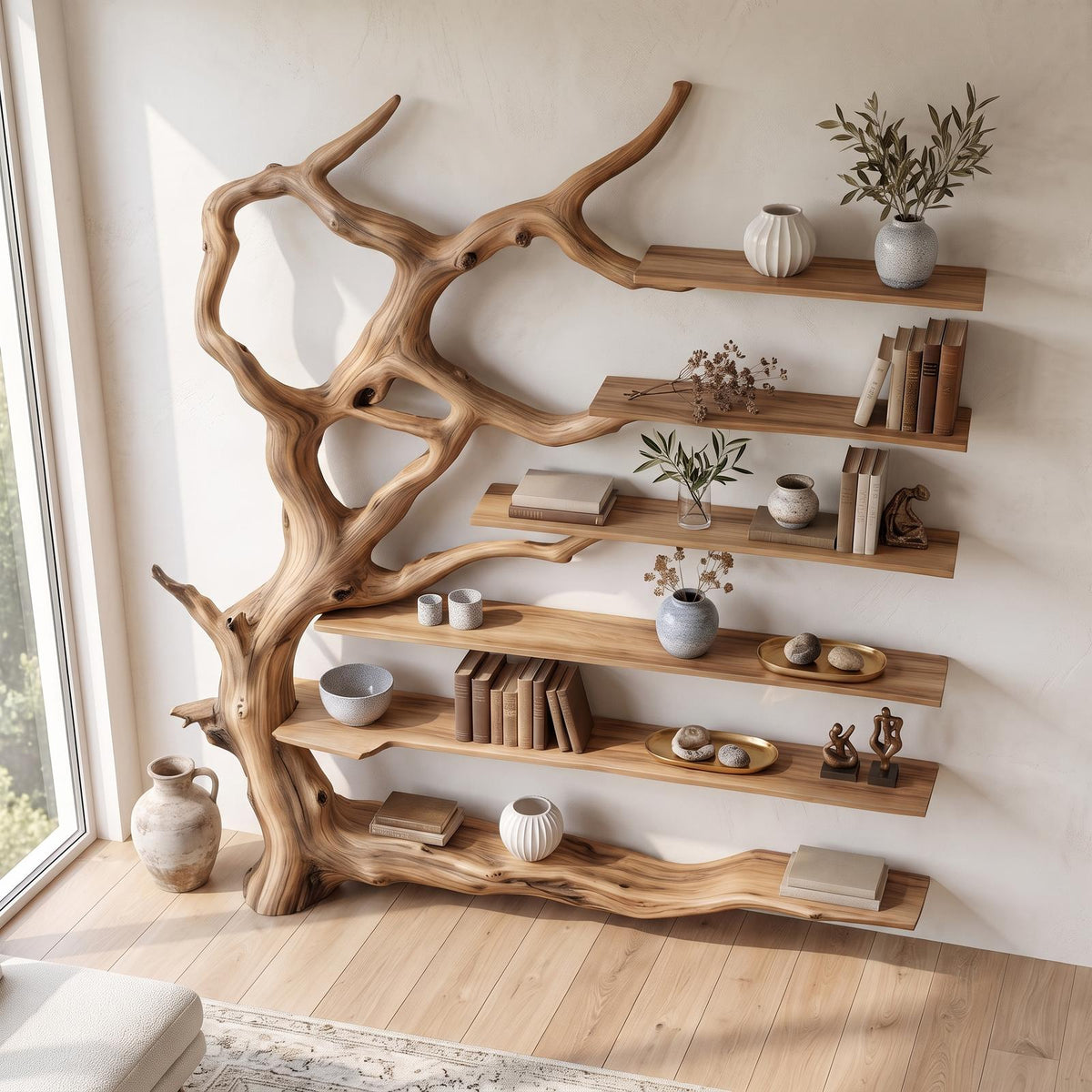 Wall Mounted Rustic Tree Bookcase Floating Shelf For Living Room Decor & Gift