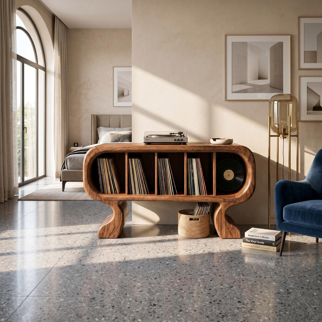 Contemporary Curved Wooden Record Player Stand, Handcrafted Modern Turntable Desk and Vinyl Storage Cabinet, Model