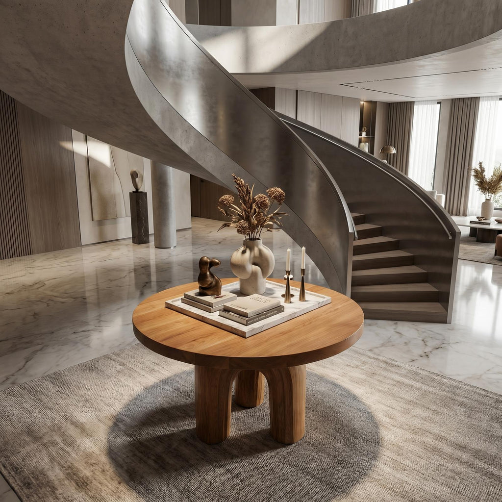 Modern Luxury Sculptural Round Foyer Table, Solid Wood Art Deco Pedestal Entry Table for Lobby, Hallway