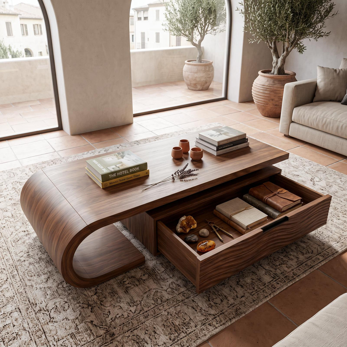 Modern Wooden Coffee Table with Storage Cabinet, Handcrafted Solid Wood Living Room Center Table, Model