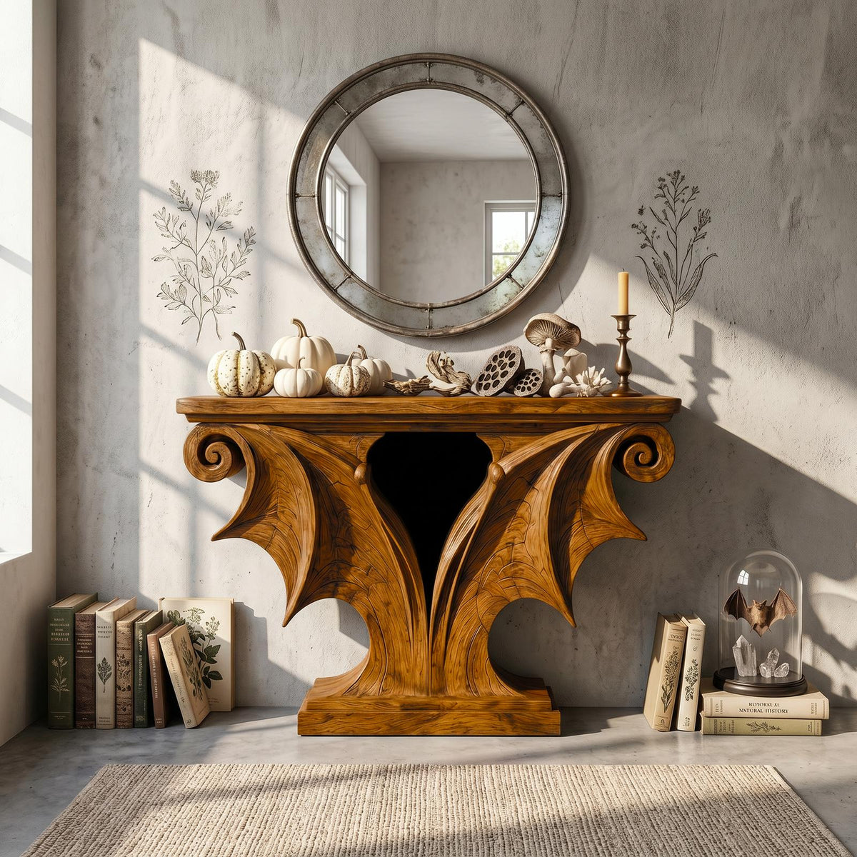 Rustic Halloween Console Table With Sculptural Bat Wing Design For Entryway And Living Room