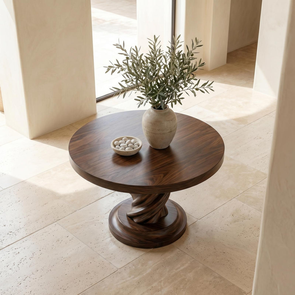 Modern Luxury Spiral Round Foyer Table, Solid Wood Twisted Pedestal Entryway Accent Table for Lobby