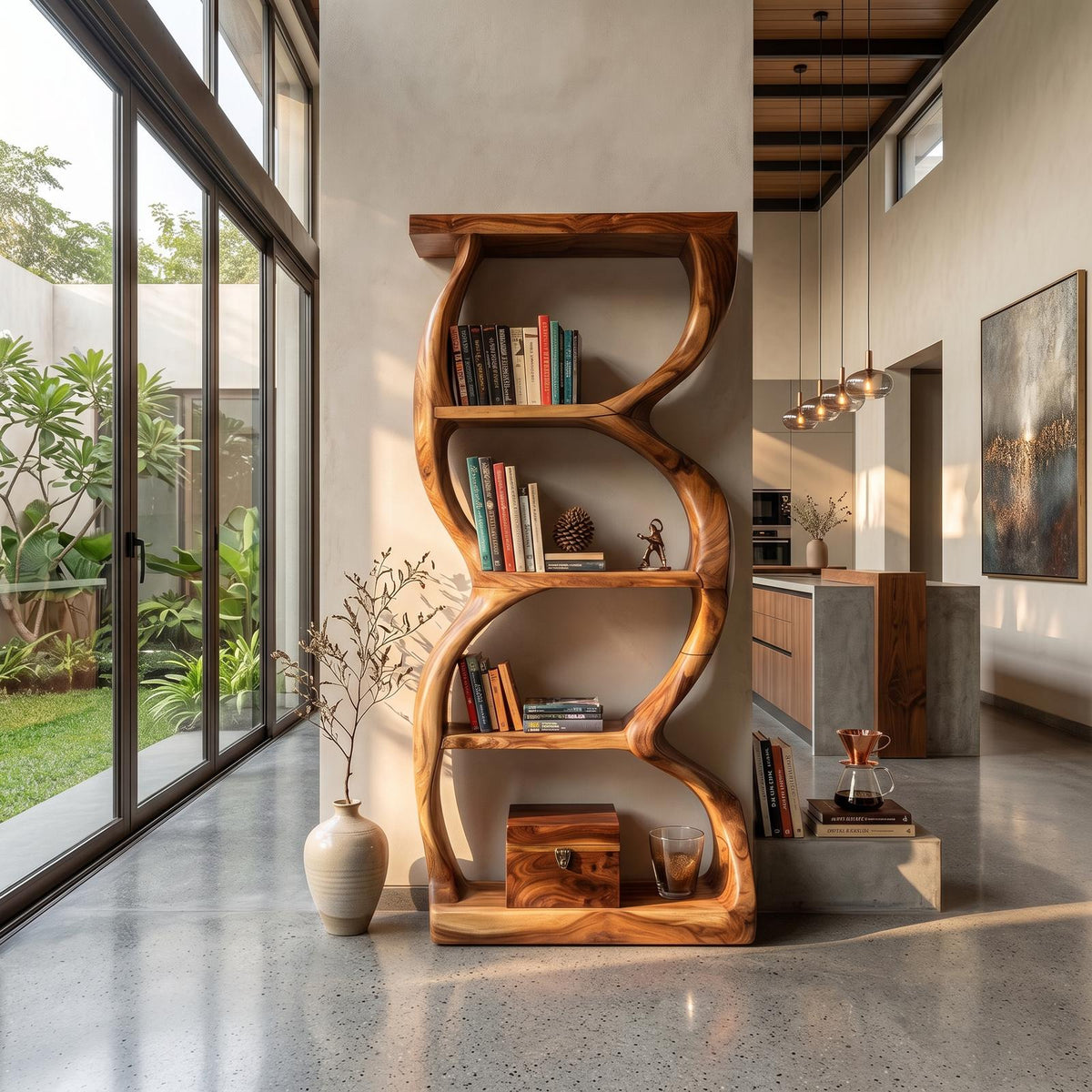 Coastal Inspired Curved Wooden Bookcase With Organic Form SILDTTRBS051