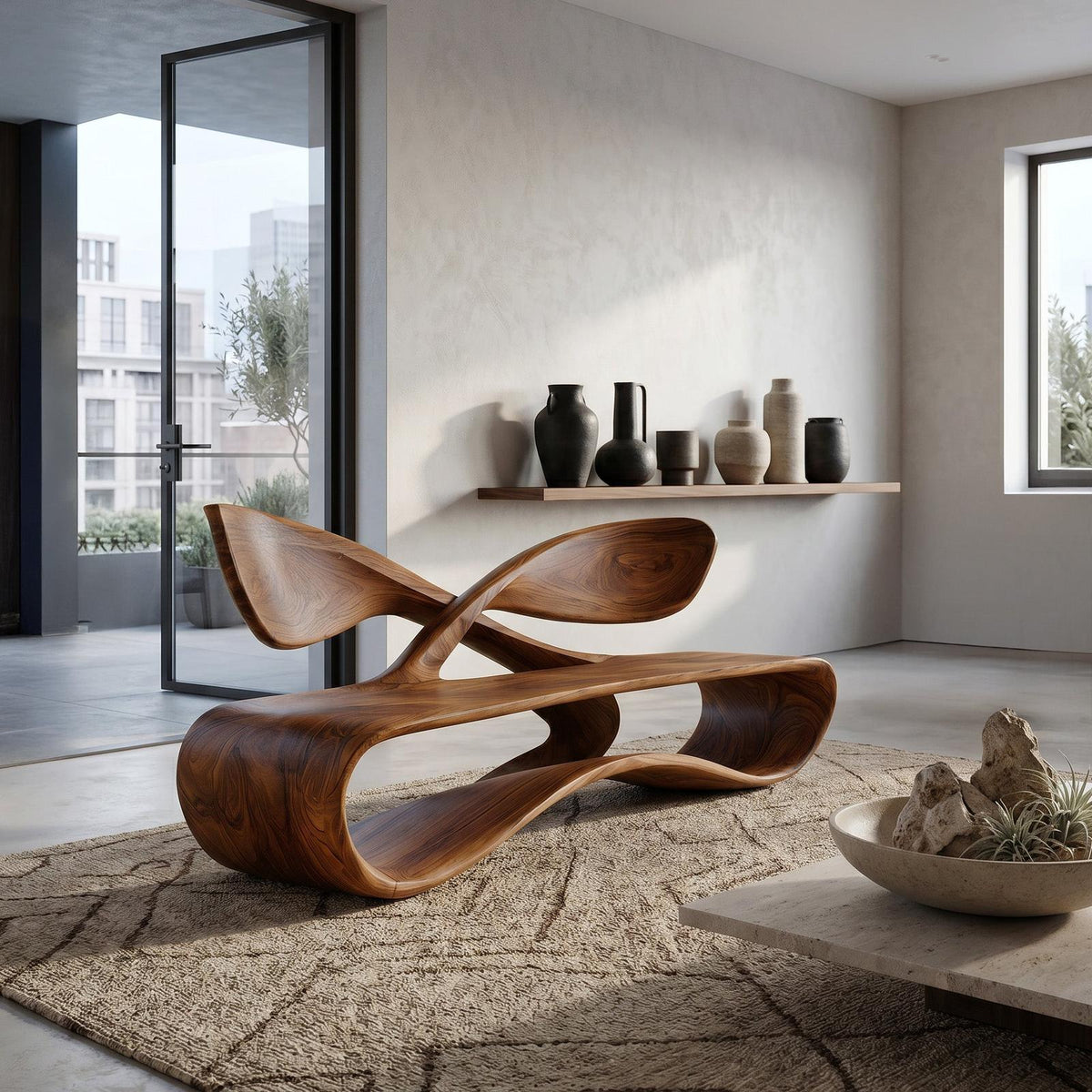 Contemporary Curved Bench With Cross Backrest For Living Room