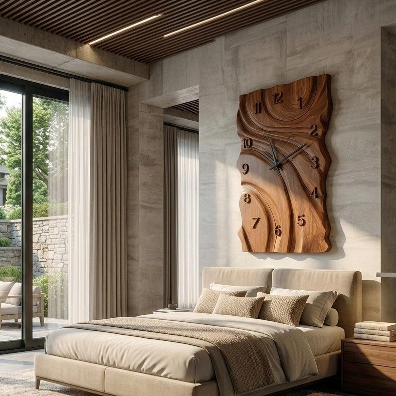 Rustic Wooden Wall Clock, Hand-Carved Abstract Geometric Design Wood Clock for Home & Living Room Decor