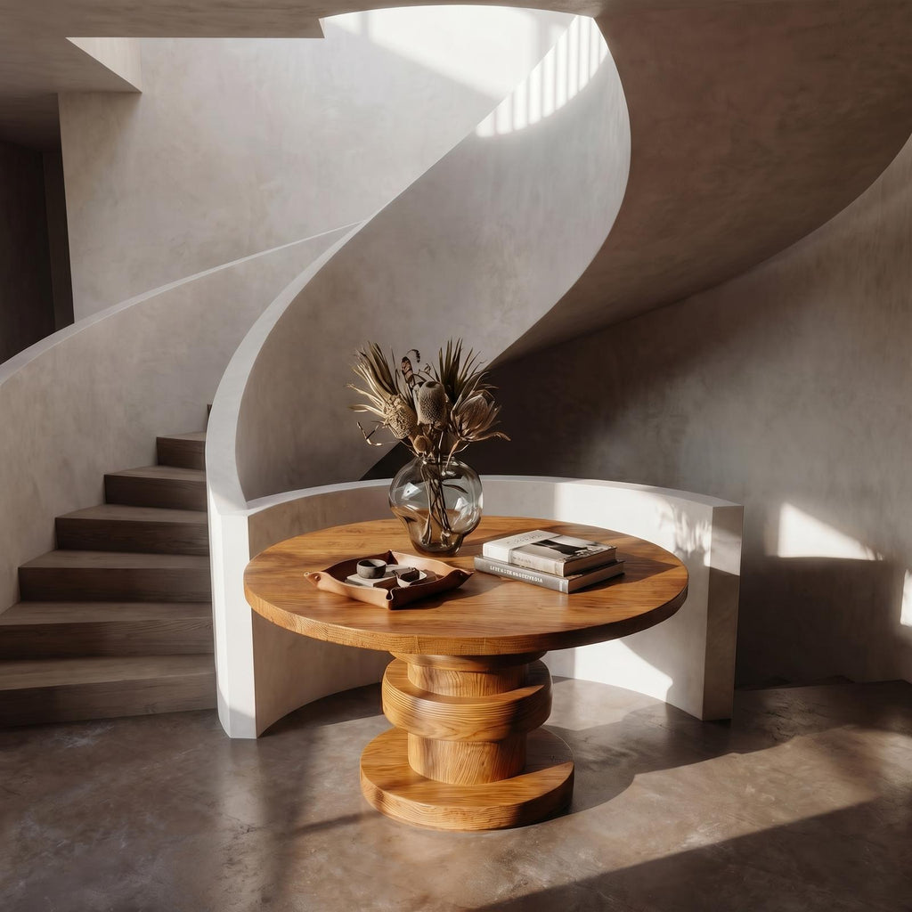 Modern Luxury Architectural Round Foyer Table, Solid Wood Sculptural Pedestal Entry Table for Lobby