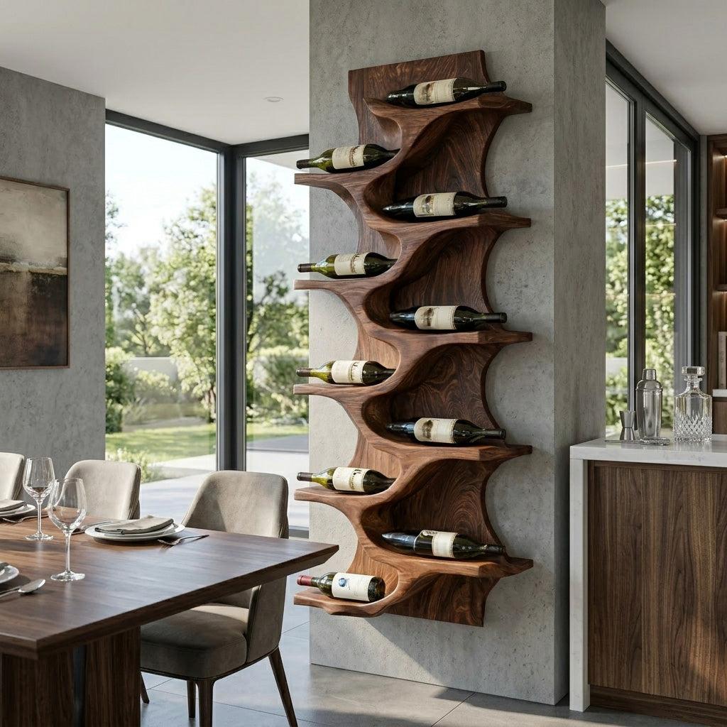 Rustic Natural Solid Wood Wine Rack, Handcrafted Wall Mounted Storage Shelf for Home Bar & Kitchen
