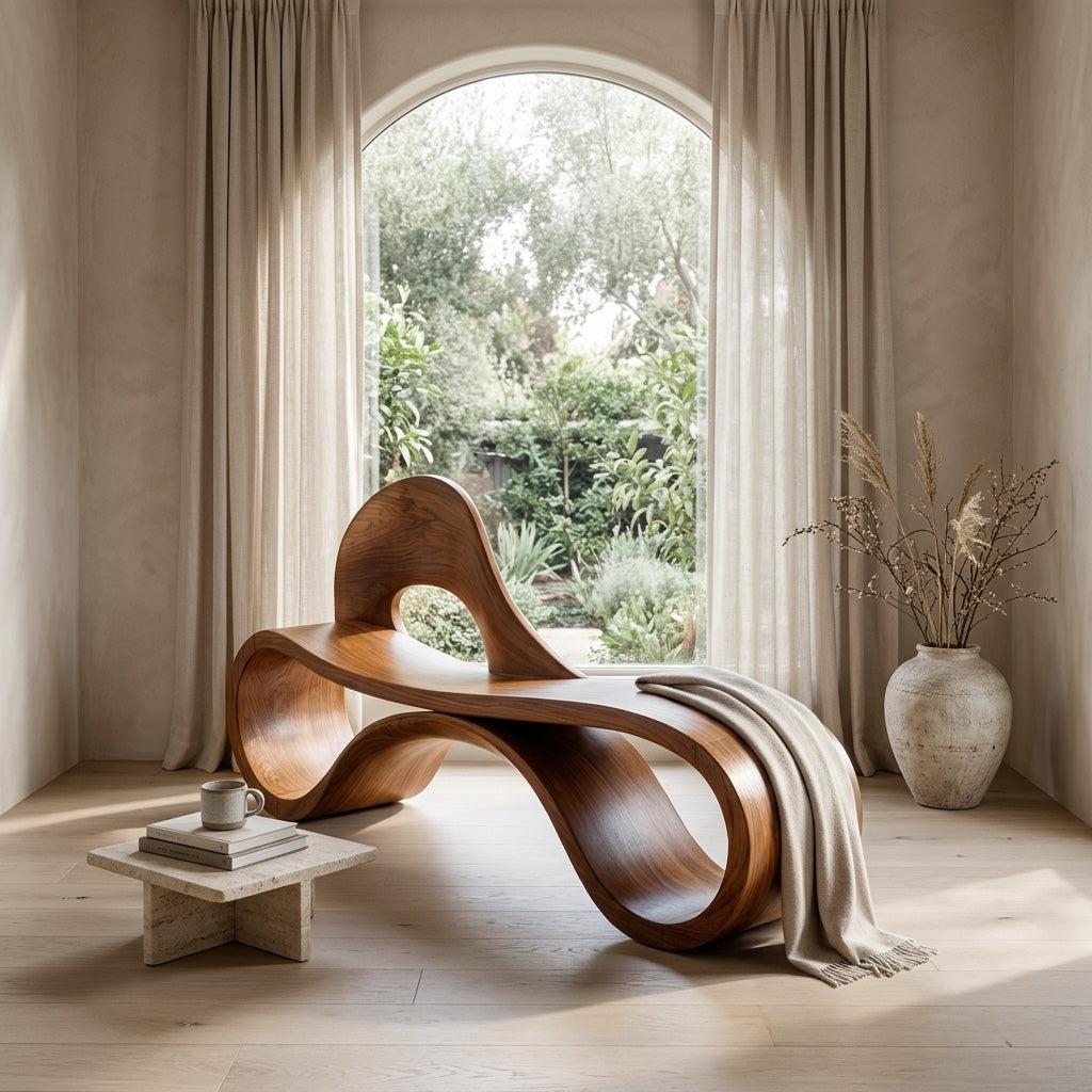 Artistic Wooden Bench With Flowing Sculpture For Luxury Interior RTTHHNCHR161