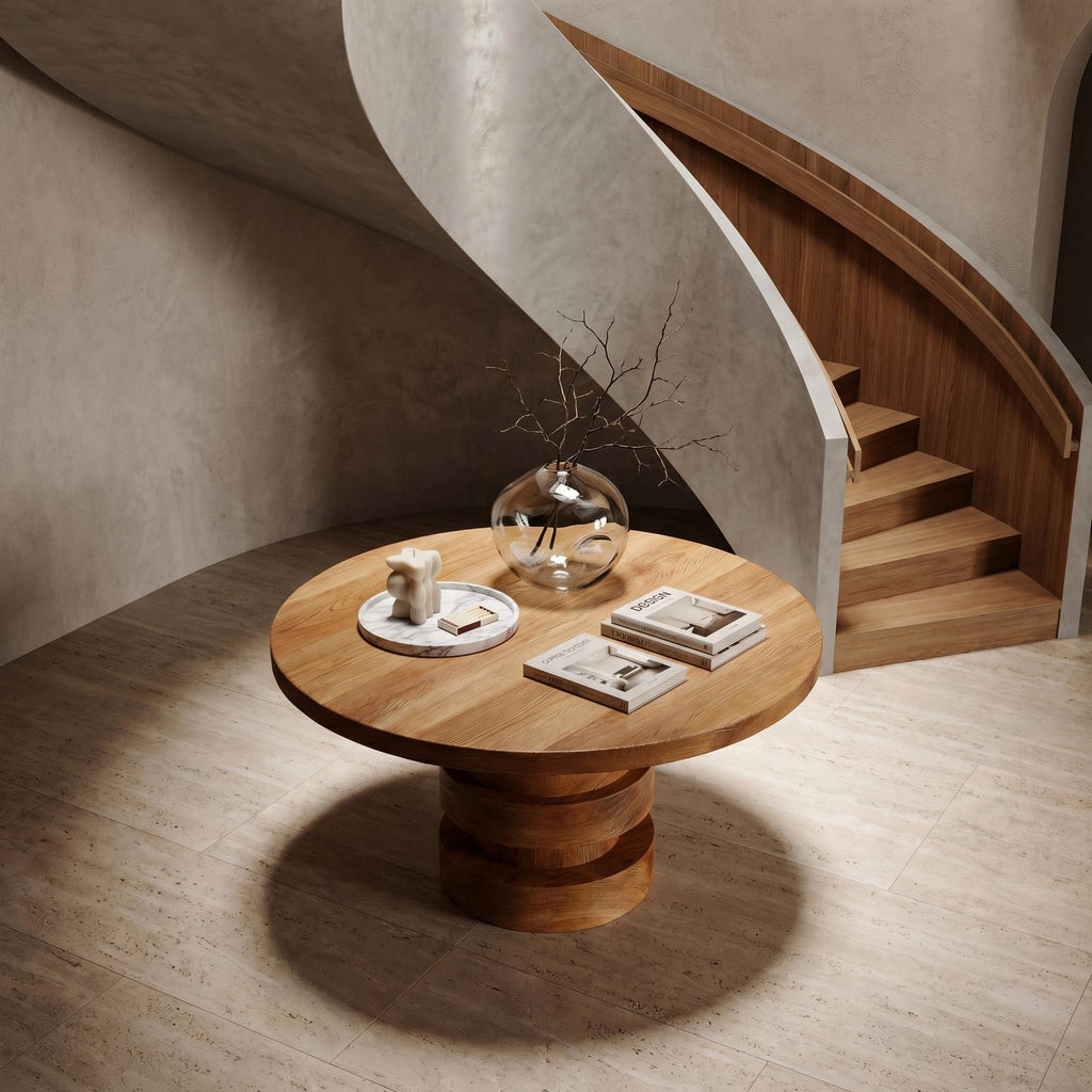 Modern Luxury Stacked Base Round Entryway Table, Solid Wood Architectural Foyer Pedestal Accent Table