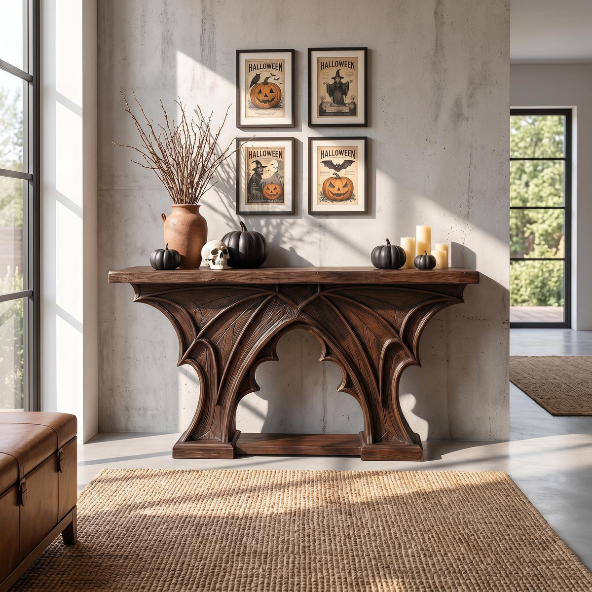Rustic Halloween Console Table With Bat Wing Inspired Design For Hallway