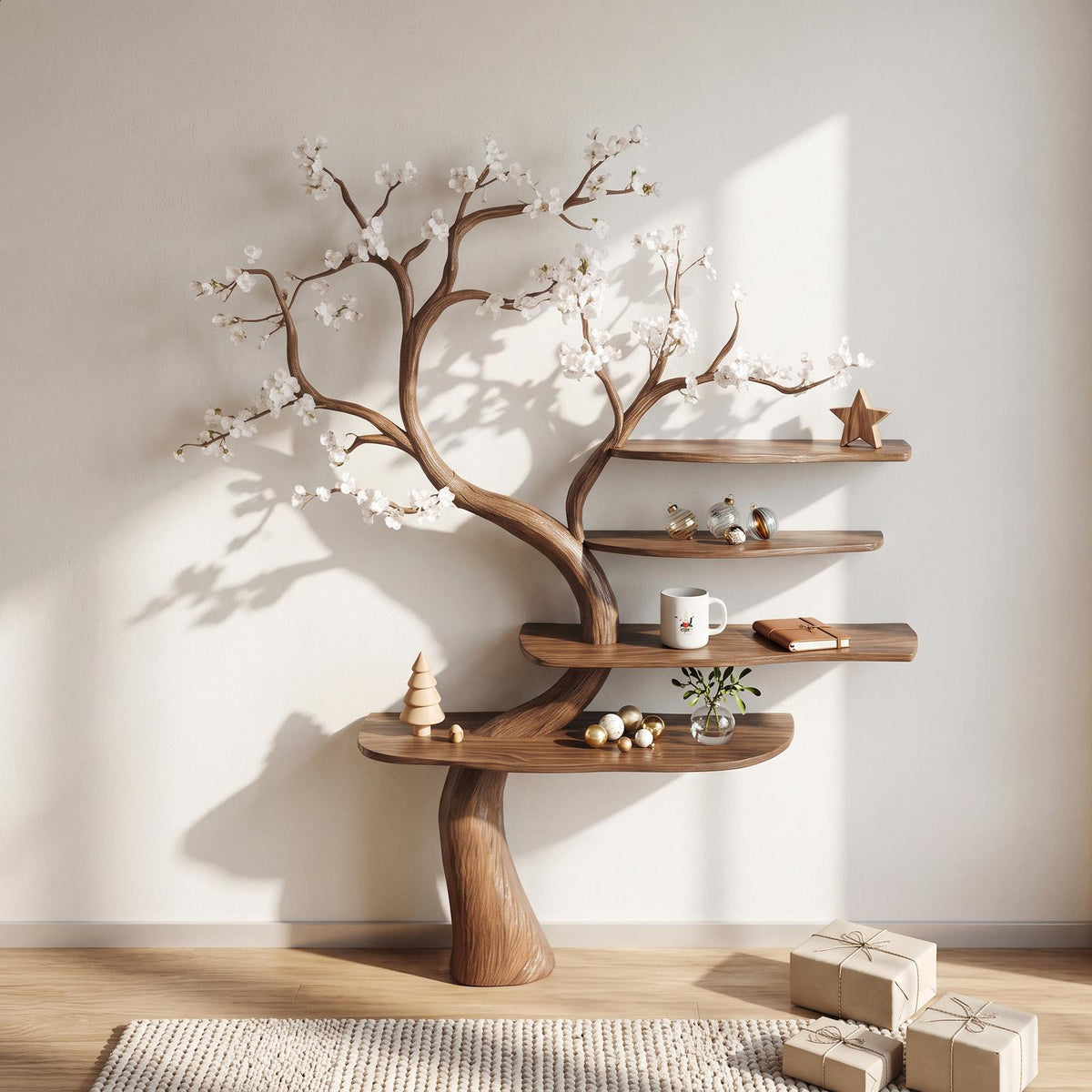 Rustic Natural Tree Bookshelf, Handcrafted Solid Wood Branch Shelving Unit, Artistic Decorative Storage for Living Room