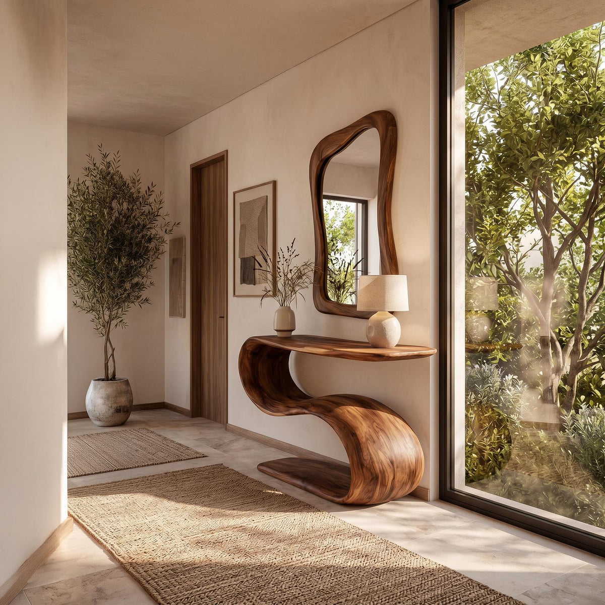 Organic Wooden Console Table With Sculptural Undulating Base For Living